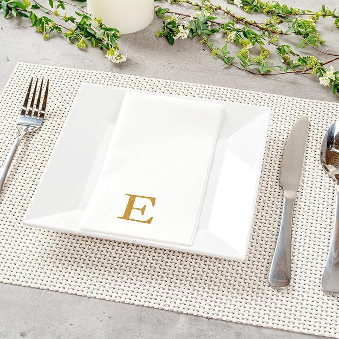 Luxenap 15.8 X 7.9 Inch Linen-Feel Guest Towels, 2000 Lettered Hand Towels - Gold Letter 'E', Sans Serif Font, White Paper Dinner Napkins, airlaid, For Restrooms And Tables - Restaurantware