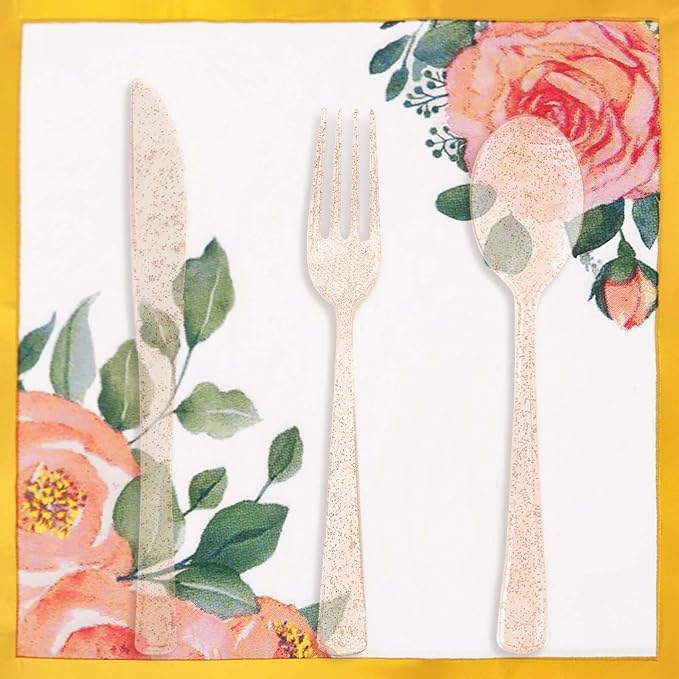 350PCS Floral Paper Plates Set, Disposable Plates With Gold Rim Serve 50 Guests, Party Supplies for Adults Garden Tea Party Bridal Shower Decorations