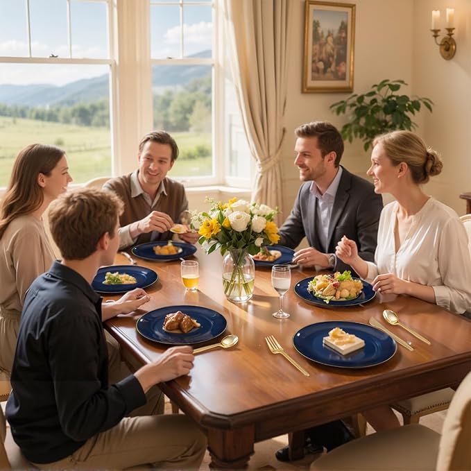bUCLA 150PCS Blue and Gold Plastic Plates - 25 Guests Navy Blue Plastic Dinnerware Disposable for Party and Graduation - Include 25 Dinner/Dessert Plates, 25 Knives, 25 Forks, 25 Spoons, 25 Cups