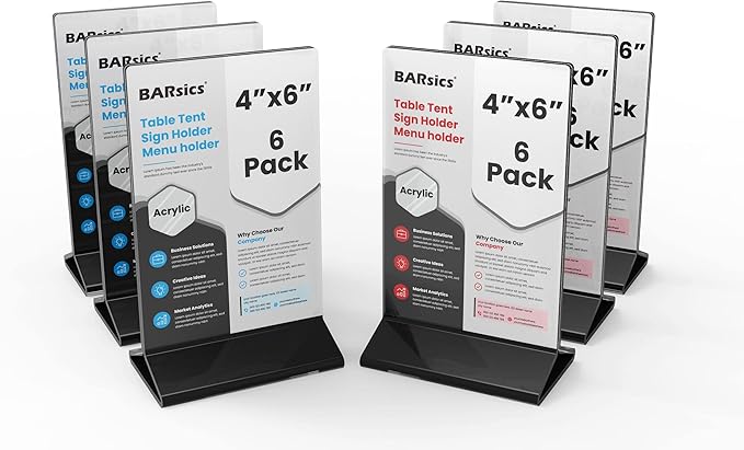 BARsics 4x6 Sturdy Table Tent Menu Holder, Commercial 2-Sided Acrylic Sign Holder (6-Pack)