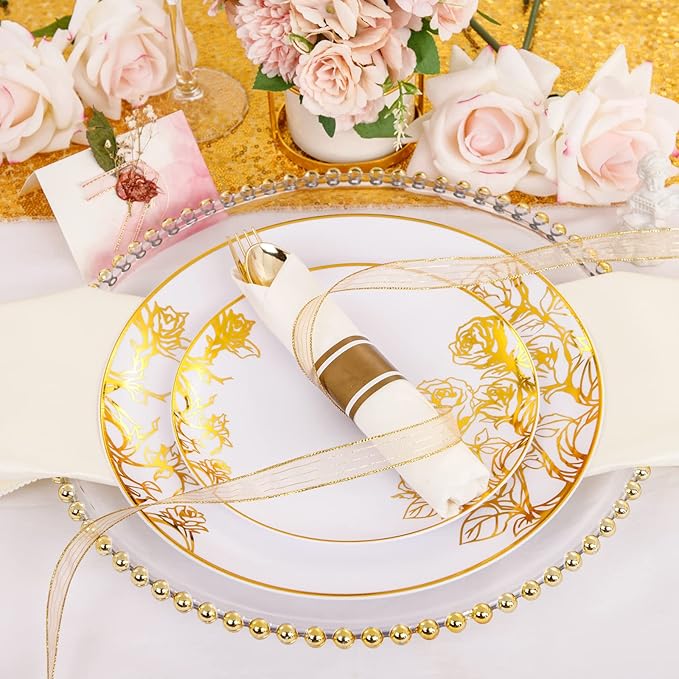 DaYammi 210Pcs White Gold Plastic Plates for Party,Gold Disposable Dinnerware Set Includes 60 gold Floral Plates,30 Plastic Silverware,30 Per Rolled Napkins,30 Cups for Mother's Day Party Wedding