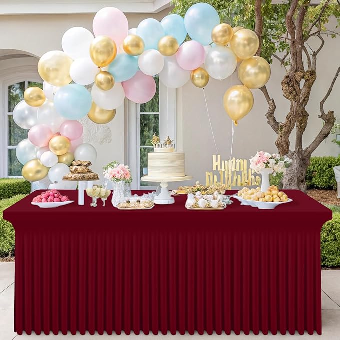 Smiry Spandex Tablecloth 2 Pack, Elastic Fitted Stretch Tablecloth for 6FT Rectangle Tables, Waterproof Washable Table Cover Skirt for Outdoor, Wedding, Banquet & Parties (Wine Red, 72Lx30Wx30H Inch)
