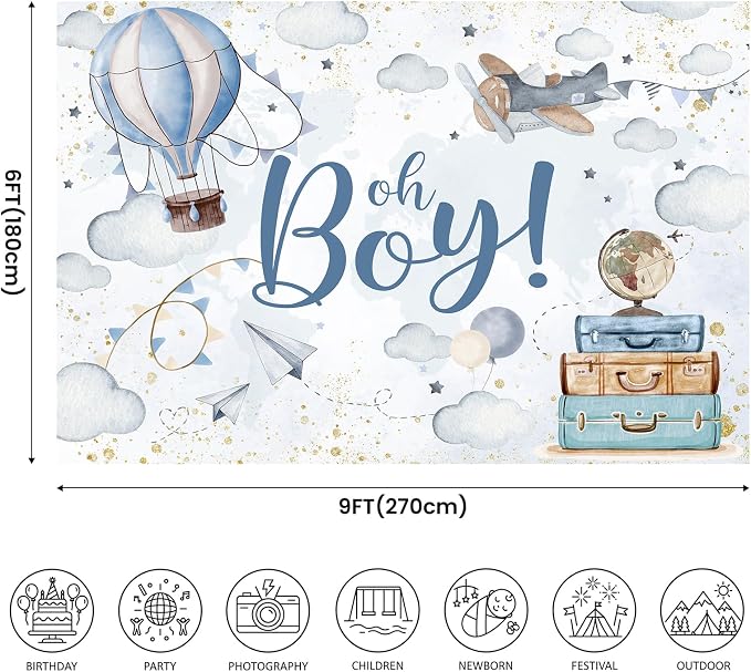 Lofaris 9x6ft Oh Boy Baby Shower Backdrop for Kids Boy Party Decoration Cloud Hot Balloon Adventure Begins Travel Around The World Airplane Up Up and Away Photography Background Banner Photo Booth