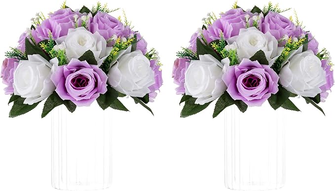 NUPTIO Lilac & White Flower Balls: Artificial Rose Centerpieces for Tables | 2 Pcs Fake Silk Floral Arrangement for Women, for Wedding, Birthday Party, Bridal Shower, Quinceanera Decorations