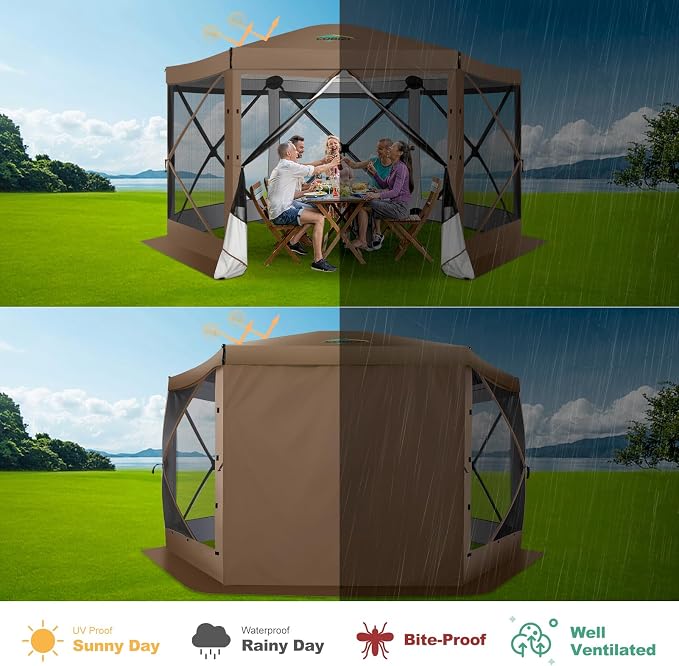 COBIZI 12x12 FT Pop Up Canopy Extendable Tent, Gazebos On Clearance With Removable Roof, Screened In Gazebo,Screen Tents Portable carpas para patio for Outdoor Camping,Backyard, Garden,Brown(Upgraded)