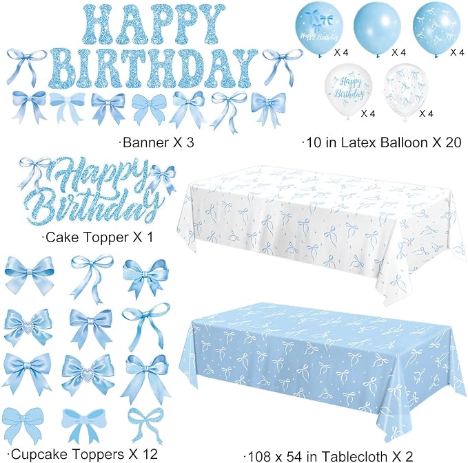 Blue Bow Birthday Decorations Set Includes Plates, Napkins, Cups, Cutlery, Banner, Hanging Swirls, Cake & Cupcake Toppers, Honeycomb Centerpieces, Balloons, Tablecloths for Coquette Party Decorations