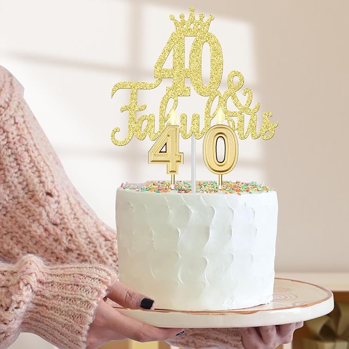 40th Birthday Gifts Women with 12oz Tumbler/Mug for Wine or Coffee, Birthday Crown, Sash, Cake Topper and Candles, 40 Year Old Decorations Gifts Idea Gold White