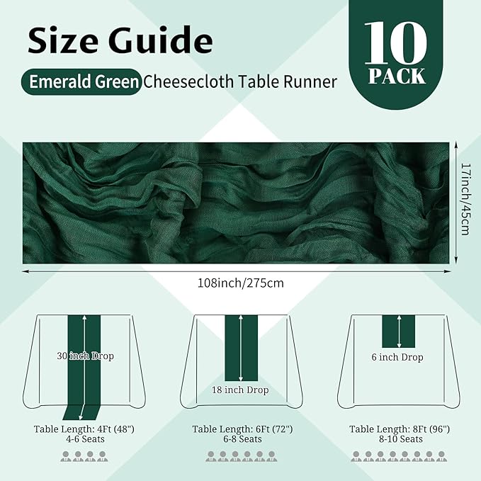 10 Pack Emerald Green Cheesecloth Table Runner 17x108 Inch Semi Sheer Boho Gauze Cheese Cloth Table Runners, for Wedding Bridal Shower Birthday Party Home Decor Garden Farmhouse