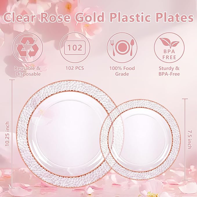 102PCS Rose Gold Plastic Plates - Clear Rose Gold Disposable Plates - Elegant Hammered Plate Include 51PCS 7.5inch Dessert & 51PCS 10.25inch Dinner Plate for Wedding Party Mother’s Day
