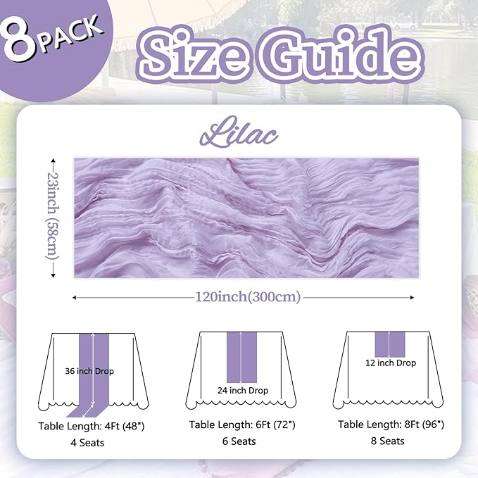 8 Pack Lilac Purple Cheesecloth Table Runner 10ft Boho Gauze Fabric 120 Inch Cheese Cloth Table Runner Rustic Sheer for Spring Holiday Baby Shower Party Décor Home Wedding Decoration