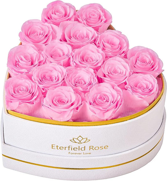Eterfield 16 Forever Flowers in Heart Shape Box, Preserved Roses That Last a Year Preserved Flowers Birthday Gifts for Her Mom Women Wife Anniversary Valentines Day Mothers Day Christmas, Light Pink