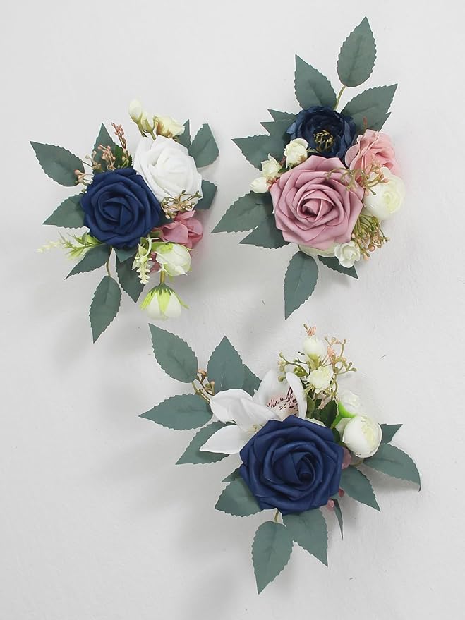 Rinlong 3Pcs Pre-made Cake Flowers Navy Blue Pink Cake Decorations Wedding Cake Decorating Flowers Decor Birthday Baptism Party Artificial Flowers Cake Toppers