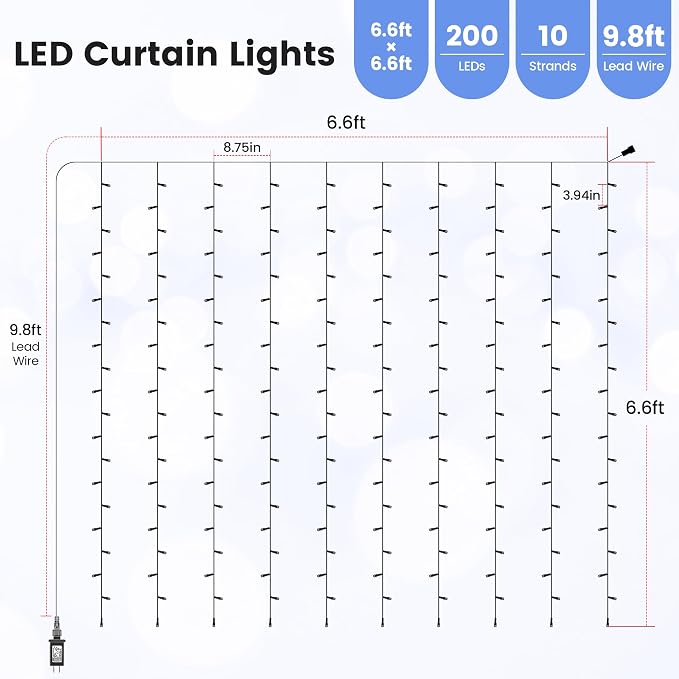 HEYFUNi 6.6FT x 6.6FT Cool White Curtain Lights Plug in, 200 LED | Window String Lights With Remote, 8 Modes, Timer, Memory, Connectable Fairy Lights for Bedroom Wall Wedding Dorm Decor, White