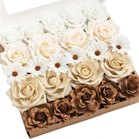 Ling's moment Artificial Flowers Fake Silk Daisy Faux Gardenia Foam Roses Combo for DIY Wedding Bouquets Centerpieces Arrangement Bridal Shower Party Home Decoration, Tawny Beige & Earth Brown, 24pcs