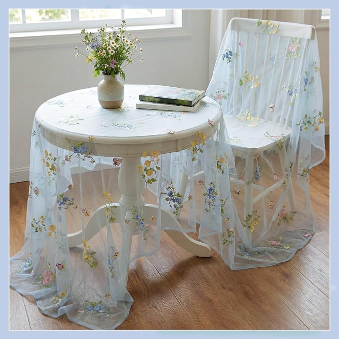 Lounsweer 3 Pcs Blue Wildflower Table Runner 10ft Embroidery Tulle Spring Floral Table Runner Seasonal Summer Butterfly Kitchen Dining Gauze Decoration for Wedding Baby Shower Birthday Party