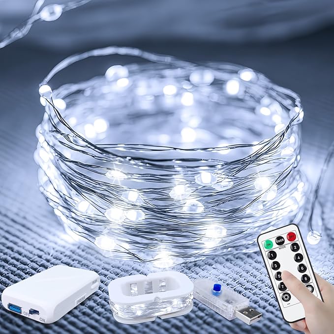 50LED Fairy Lights USB & Battery Powered, 16FT White Fairy String Lights with 8 Modes & Timer, Cuttable Copper Wire Waterproof Twinkle Light Indoor Outdoor for Bedroom Wedding Party Christmas Decor