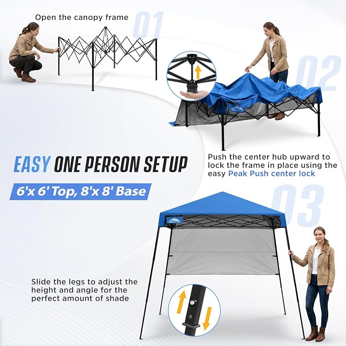 EAGLE PEAK 8x8 Pop Up Canopy Tent with Sidewall, Compact, Portable Slant Leg Instant Sun Shelter for Beach, Sports, & Camping, 8x8 Base 6x6 Top, Blue