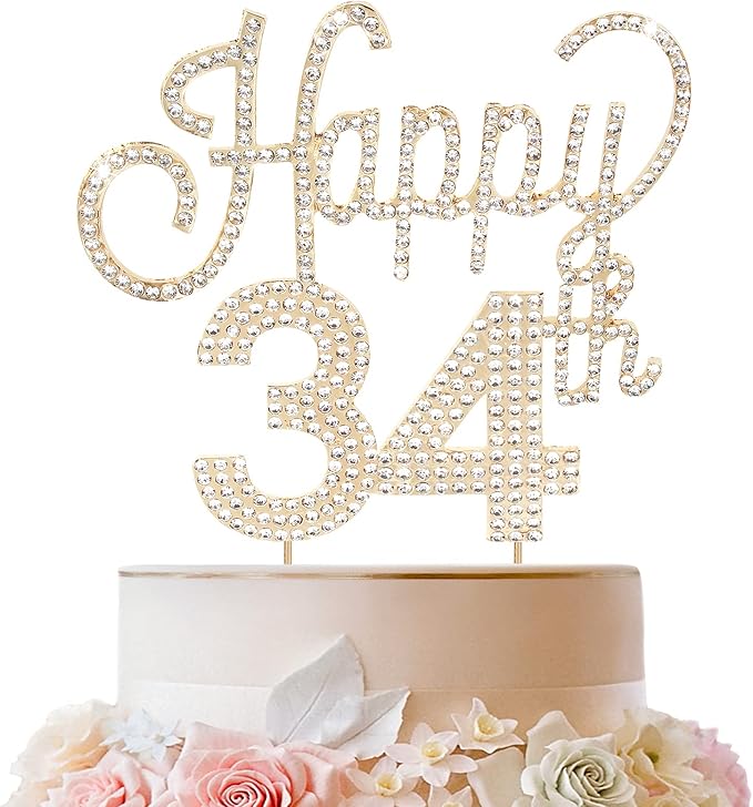 LINGTEER Happy 34th Birthday Gold Rhinestone Cake Topper - Cheers to 34th Birthday 34 Years Old Anniversary Party Cake Centerpieces Topper Decorations Gift Sign.