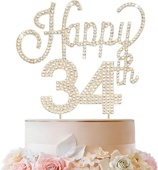 LINGTEER Happy 34th Birthday Gold Rhinestone Cake Topper - Cheers to 34th Birthday 34 Years Old Anniversary Party Cake Centerpieces Topper Decorations Gift Sign.