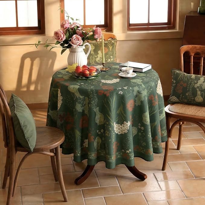 ISAENNE Designer Linen Green Round Tablecloth,Diameter 67"-Nocturne | Vintage Elegant Table Cloth for Round Table,Floral Pattern,Decoration,Heavyweight,Dining,Kitchen,Tea Party,Thanksgiving
