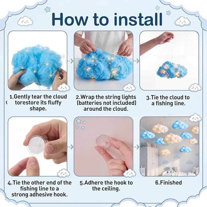 Lewtemi 8 Pcs Artificial Cloud Props with Lights 3D Fluffy Cotton Clouds Decorations 2 Sizes Hanging Clouds with Strings Hooks for Ceiling Room Wedding Party Classroom DIY Kit(White and Light Blue)