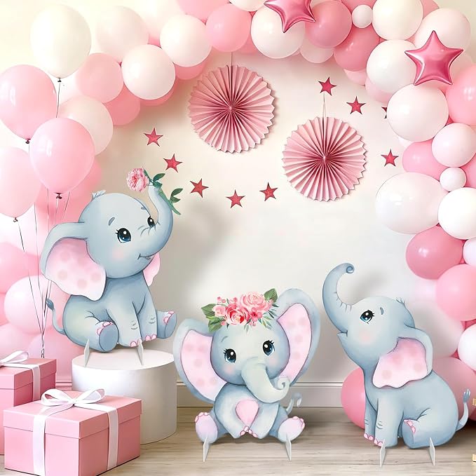 3Pcs Pink Elephant Baby Shower Decorations with Stakes & Stands, Waterproof Large Baby Elephant Cardboard Cutouts Standup Cartoon Birthday Party Indoor Outdoor Decor for Photo Booth Props
