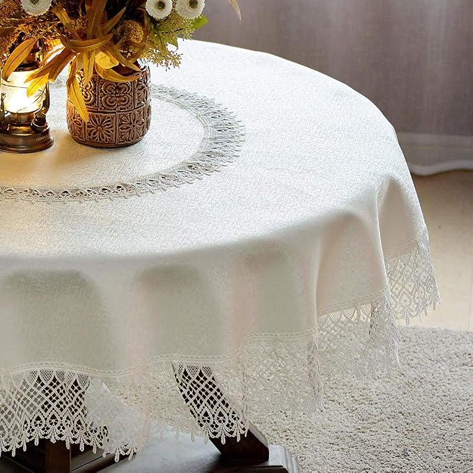 ARTABLE Round Tablecloth Lace Rustic Macrame Embroidered Table Cloths for Harvest Dresser Decor Farmhouse Kitchen Home (Ivory-2, 70" Round)