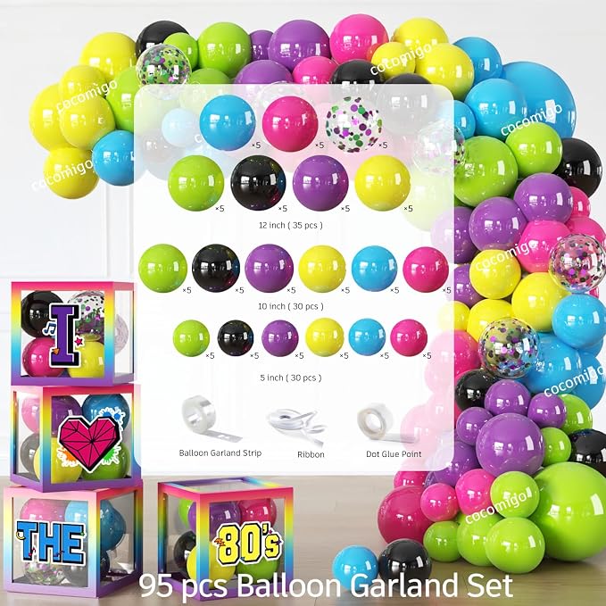 277pcs 80s Party Decorations Serves 25, All-in-one Set with Back To The 80's Backdrop Tableware Balloon Arch Tablecloth Balloon Box Cupcake Topper Table Decor, Etc. for 80s Party Decorations
