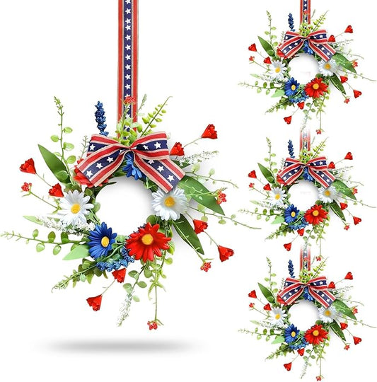 4 Pcs Mini Patriotic American Kitchen Cabinet Wreaths Small 4th of July Floral Swag Wreath for Front Door with Ribbon Daisy July Independence Day Hanging Wreath for Porch Wall Farmhouse Decor