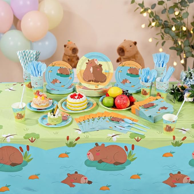 Funnymoom 452 Pcs Capybara Birthday Decorations for 50, Capybara Paper Plates Napkins Cups Cutlery Tablecloth Cutlery Straws for Cute Animal Tableware Birthday Party Supplies