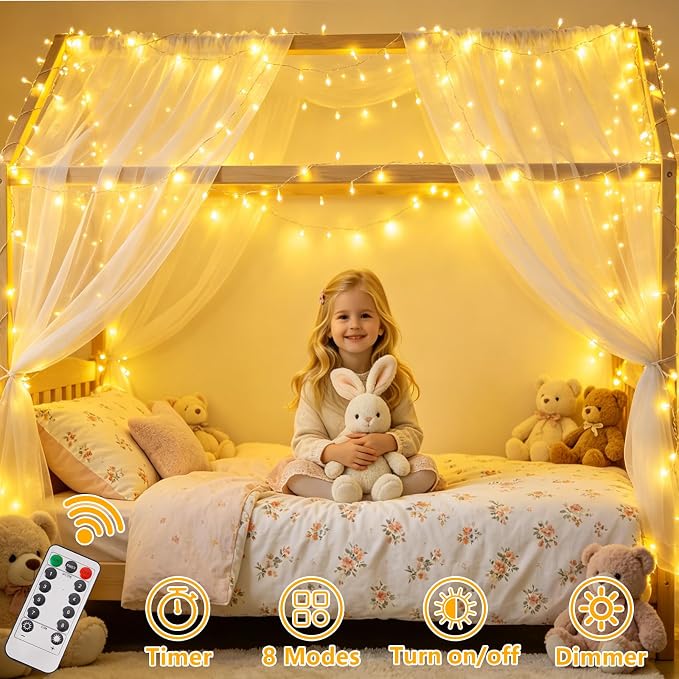 YEGUO Battery Operated String Lights Indoor, 2 Pack Each 33ft 100 LED Twinkle Fairy Lights for Bedroom Classroom Dorm with Remote, 8 Modes Clear Wire Warm White Christmas Lights Outdoor Waterproof