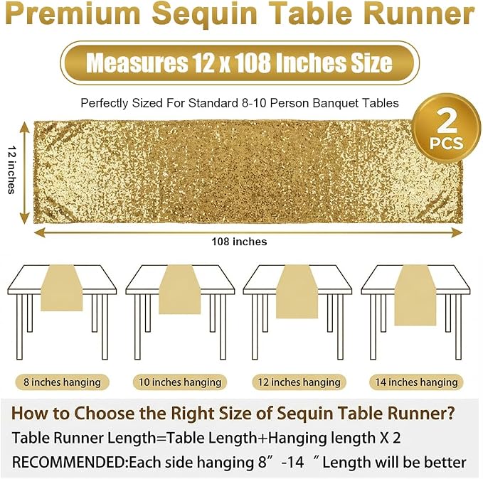 2 Pack Gold Sequin Table Runner 12x108 Inch, High Density Sparkly Glitter Table Runners for Wedding Reception, Party Decorations, Birthday Banquet, Shimmering Gold Decor