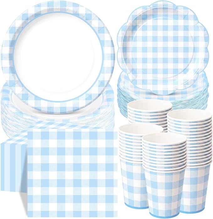 Funnymoom 250 Pcs Blue Gingham Paper Plates and Napkins Party Supplies Blue White Checkered Disposable Plaid Tableware Set Scalloped Dessert Plates for Wedding Bridal Shower Picnic Party Decorations