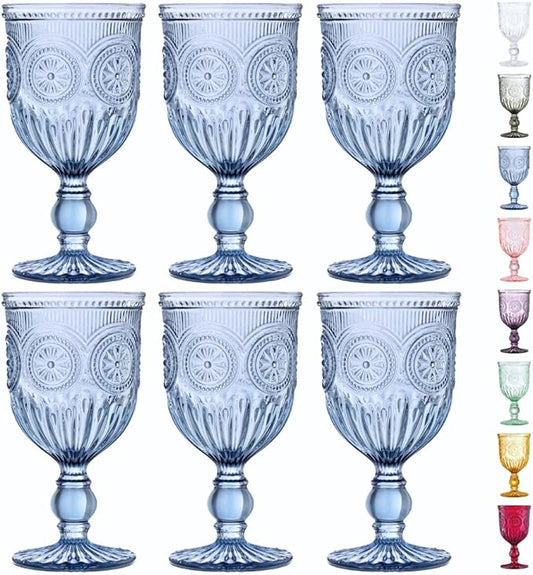 Yungala Blue-Wine-Glasses-Sunflower-Set-6 Blue Wine Glasses Set of 6 Vintage Hobnail Goblets 10 oz Dishwasher Safe