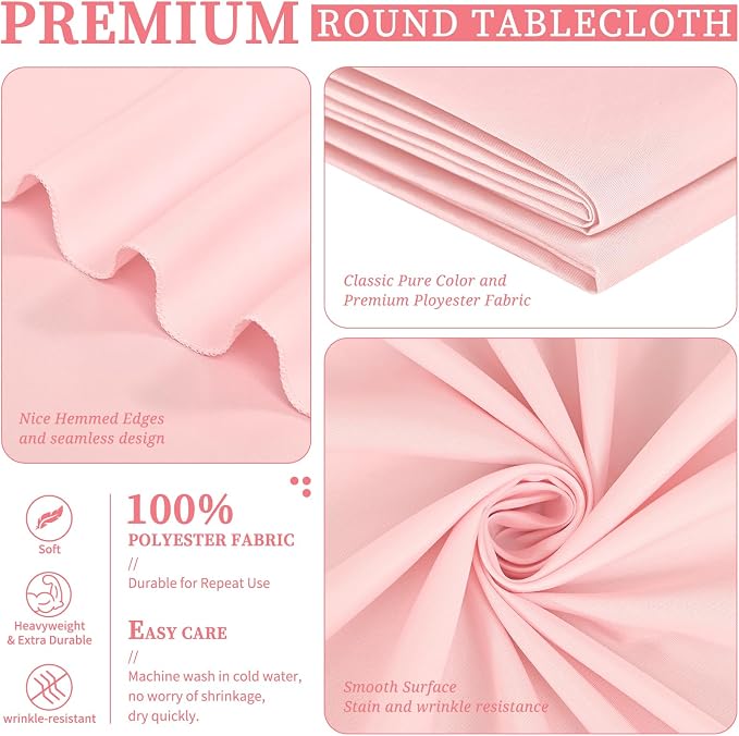 Showgeous 12 Pack Pink Washable Polyester Tablecloths - 90 Inch Round Table Cloths Wrinkle Resistant Decorative Fabric Table Cover for Dining Wedding Party