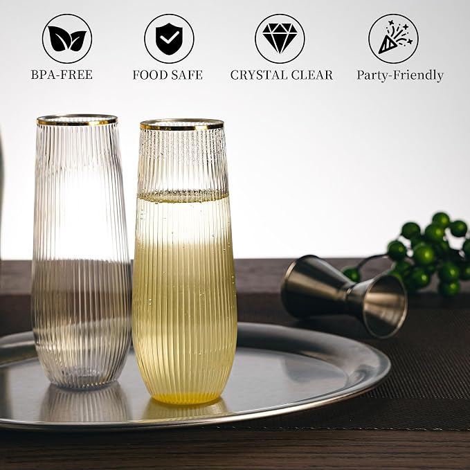HOMIP 36pcs Plastic Champagne Flutes with Gold Rim - 9oz BPA-free Disposable Champagne Glasses, Ribbed Ripple Design for Weddings, Parties, Bars & Events (Stemless, Durable)