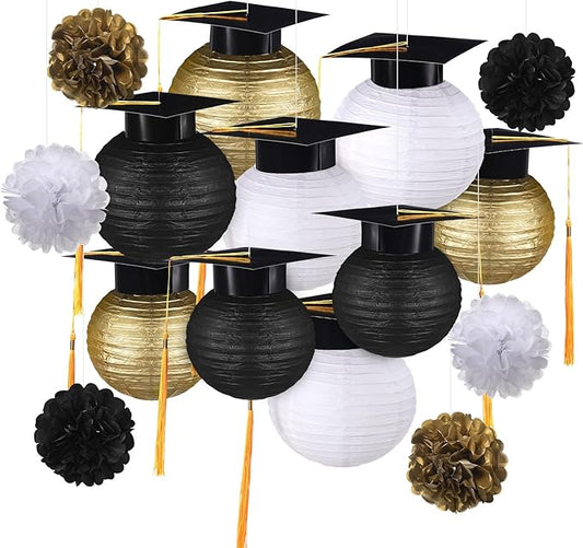 Gilprop 15 Pcs Black and Gold Graduation Decoration 2026 Paper Lanterns Graduation Party Decorations Hanging Round Paper Lanterns with Black Grad Hat Tassel for Congratulation Grad Decorations