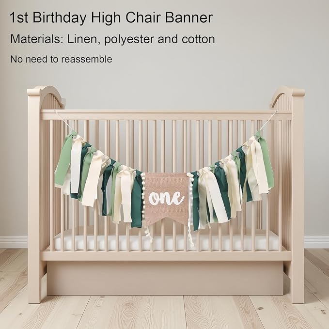 First Birthday Decorations - Complete Party Set with High Chair Banner, Number 1 Balloon, One Cake Topper, Crown, Balloons & Birthday Banner(Green)