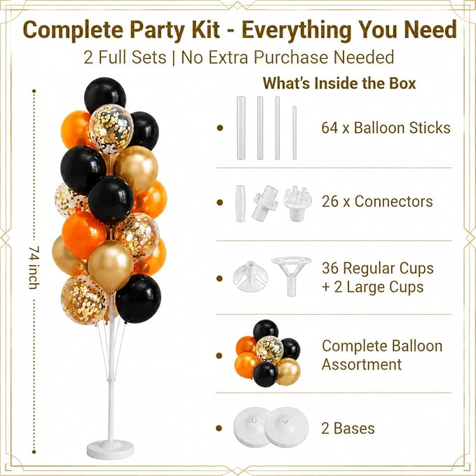Balloon Column Kit Set of 2 With Balloons Included - with Base, and Pole,Balloon Tower Backdrop Decoration for Wedding, Baby Shower, Birthday Party, or Bachelorette Parties (Black Orange)