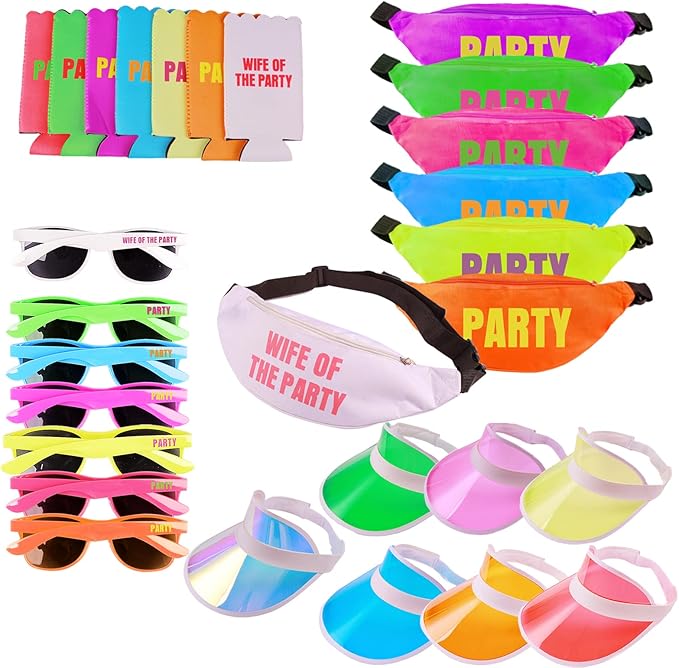 Neon Bachelorette Fanny Packs | 28 pc Set of 7 Bachelorette Party Favors & Accessories - 1 'Wife of the Party' & 6 'Party' Neon Fanny Packs with Sunglasses & Visors | 80s Retro Bachelorette Party Kit