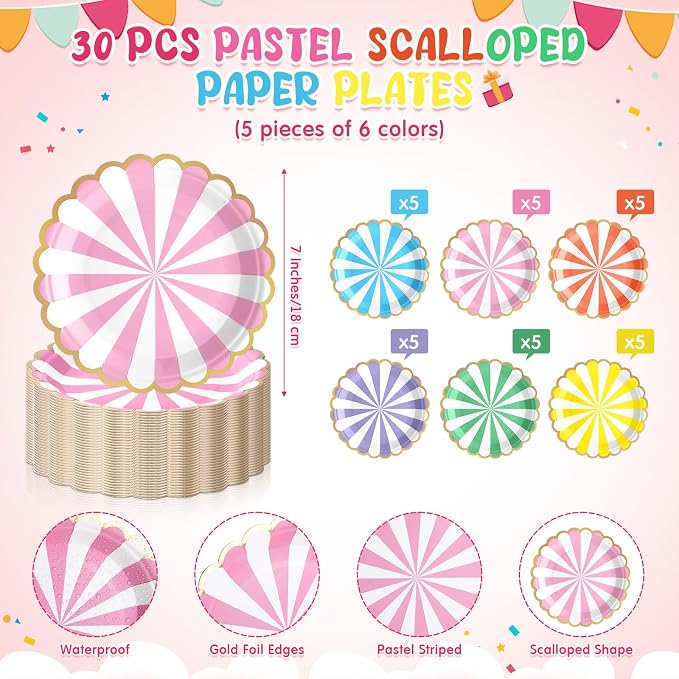 Mimorou 150 Pcs Pastel Scalloped Paper Plates Disposable Macaron Party Plates 7 Inch Gold Edge Colorful Dinnerware Set Striped Pastel Rainbow Tableware for Wedding Birthday Baby Shower Party Supplies
