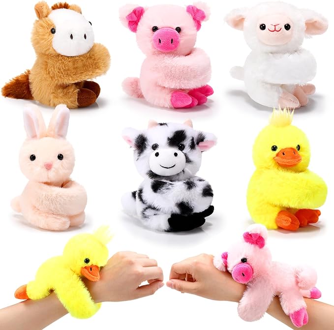 Gemscream 6 Pcs Stuffed Animal Slap Bracelets for Kids, 8 Inch Back to School Small Classroom Prizes Toy, Wrist Snap Bracelets Birthday Gifts for Boys Girls Pet Adoption Party Favors(Farm Animals)