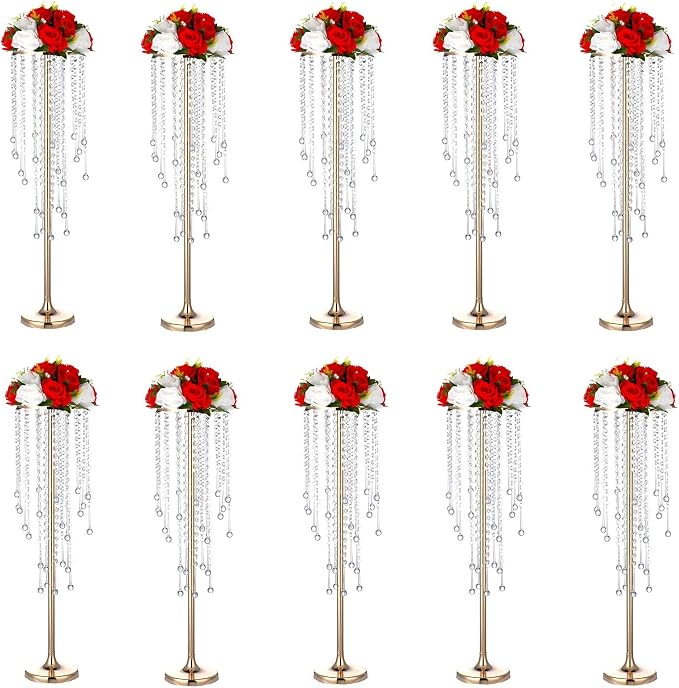 Bigsee 10 Pcs 29.5 inches Crystal Flower Stand Wedding Centerpieces for Tables, Tabletop Gold Metal Flower Arrangement Holder, Bulk Metal Vases for Reception Ceremony Decoration