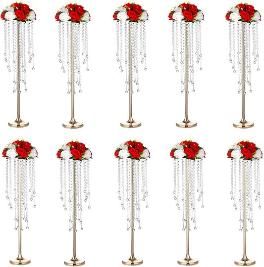 Bigsee 10 Pcs 29.5 inches Crystal Flower Stand Wedding Centerpieces for Tables, Tabletop Gold Metal Flower Arrangement Holder, Bulk Metal Vases for Reception Ceremony Decoration