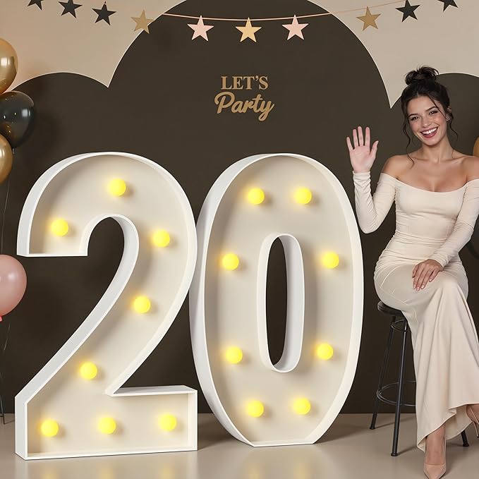 Mixifox 20 Light up Numbers 3 Feet Tall, 20 Marquee Numbers for Party, 20th Birthday Decorations for Her Him, Big 20 Sign with Light for Anniversary, Birthday Backdrop Decor
