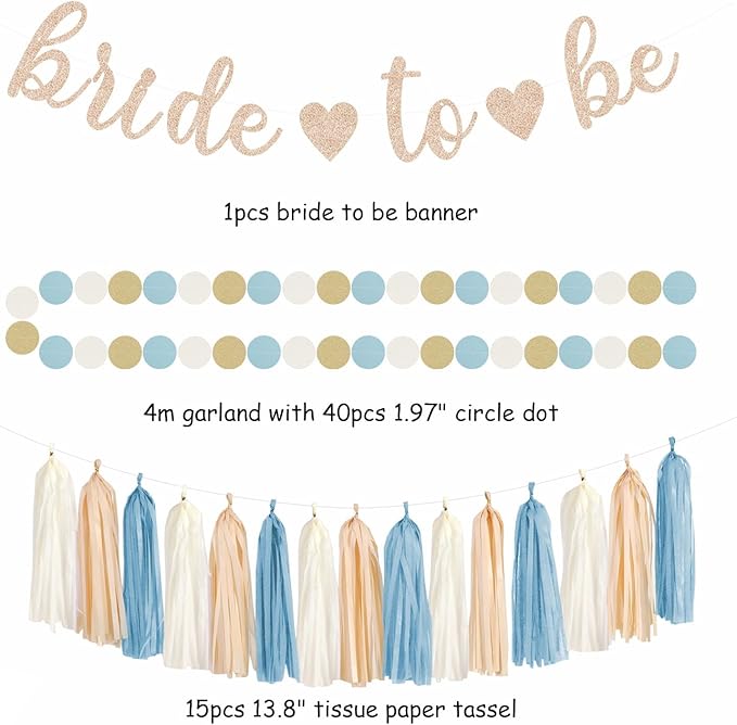 Light-Dusty Blue Beige-Champagne Bridal-Shower Party-Decorations - 31pcs Bride to Be Banner,Boho Neutral Bachelorette Paper Lanterns,Wedding Garland,Tissue Pom Poms Flower Fan Decor Supplies Burgleda