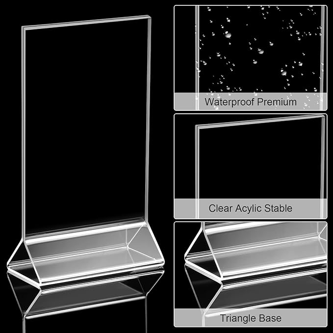 Yulejo 24 Pack Acrylic Sign Holder, Plastic Clear Table Display Holder Double Sided Menu Display Stands T Shaped Card Picture Frames for Office, Weddings, Meetings, Hotels (5 x 7 Inches)
