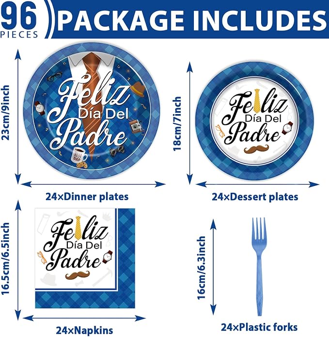 96Pcs Dia Del Padre Party Supplies Decoracion, Happy Fathers Day Paper Plates and Napkins, Feliz Día Del Padre Tableware Disposable Dessert Dinnerware for Dad's Day Celebration for 24 Guests