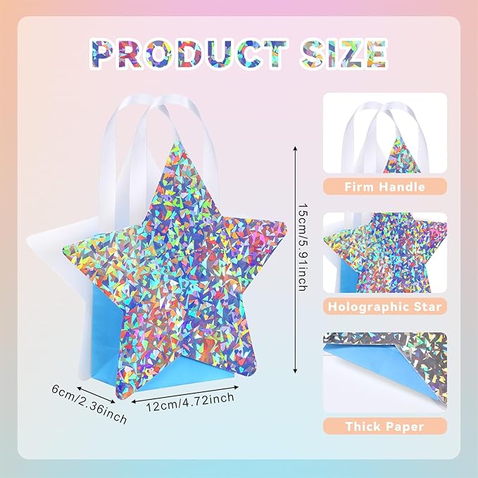 Sweetude 1 Pcs Star Shaped Party Favor Bags with Handle Mini Iridescent Paper Gift Goodie Bags for Holiday Wedding Birthday Party Supplies (Chic Style)