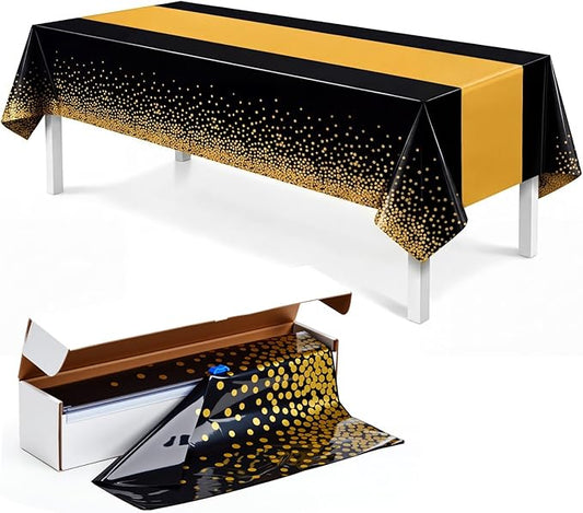 Peryiter 1 Roll 100 ft x 54 Inch Black and Gold Tablecloths for Party, Plastic Table Cloth Disposable for Rectangle Tables, Waterproof Table Cover for Graduation Birthday with a Sliding Cutter